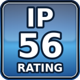 The product is dust-protected (limited ingress without harmful effects) and resistant to powerful water jets (high-flow jets).