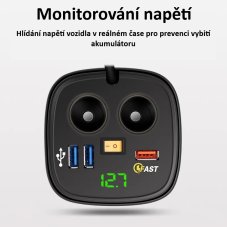 Double CL socket with 3x USB+voltmeter for cup holder