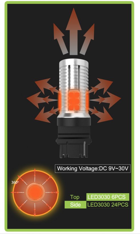 LED T20 (7440) orange, 12-24V, 30LED/3030SMD