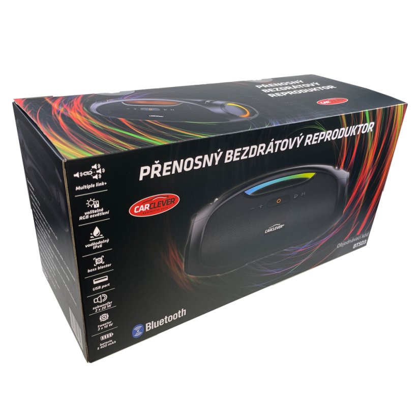 CARCLEVER bezdrátový Bluetooth reproduktor 120 W, IPX6, USB, AUX, MIC, RGB