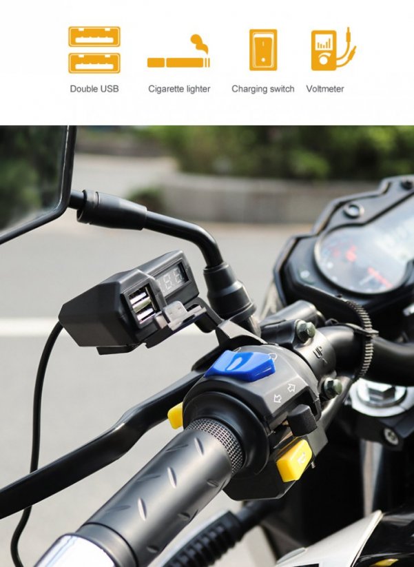 2x USB nabíjačka s voltmetrom vodotesná pre motocykel