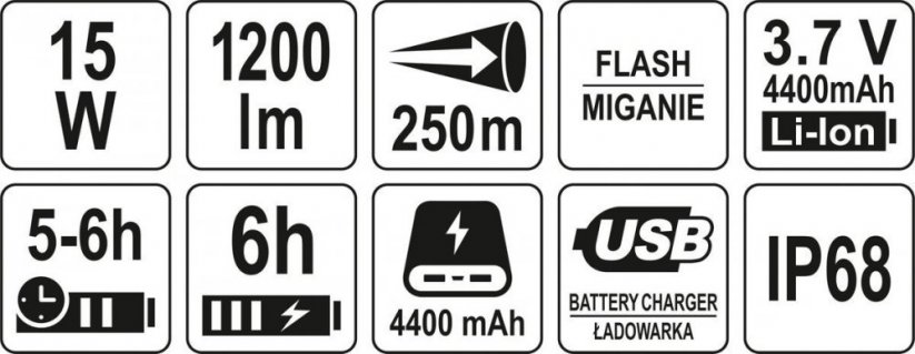 Pistol lamp POWER LED, cordless, 3,7V Li-ion, range 250m, 1200lm, IP68