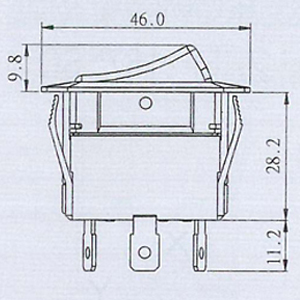Technický nákres kolébkového hranatého 12V Spínače