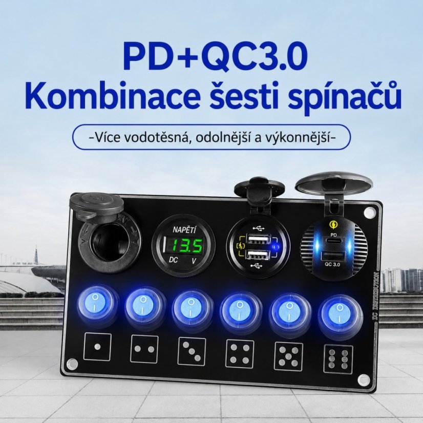 Panel s 6x spínači + 4x USB PD/voltmetr/CL zásuvka, 12/24V