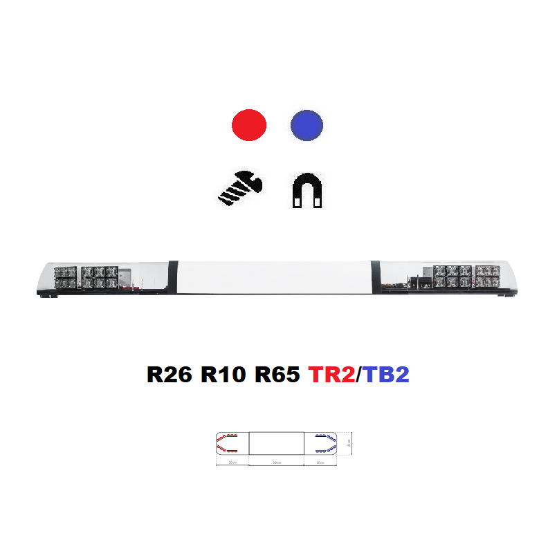 LED lightbar Optima 90/2P 110cm blue / red, white center, ECE R65 - Color: Blue/red, Lens: Transparent, LED modules: 8ml