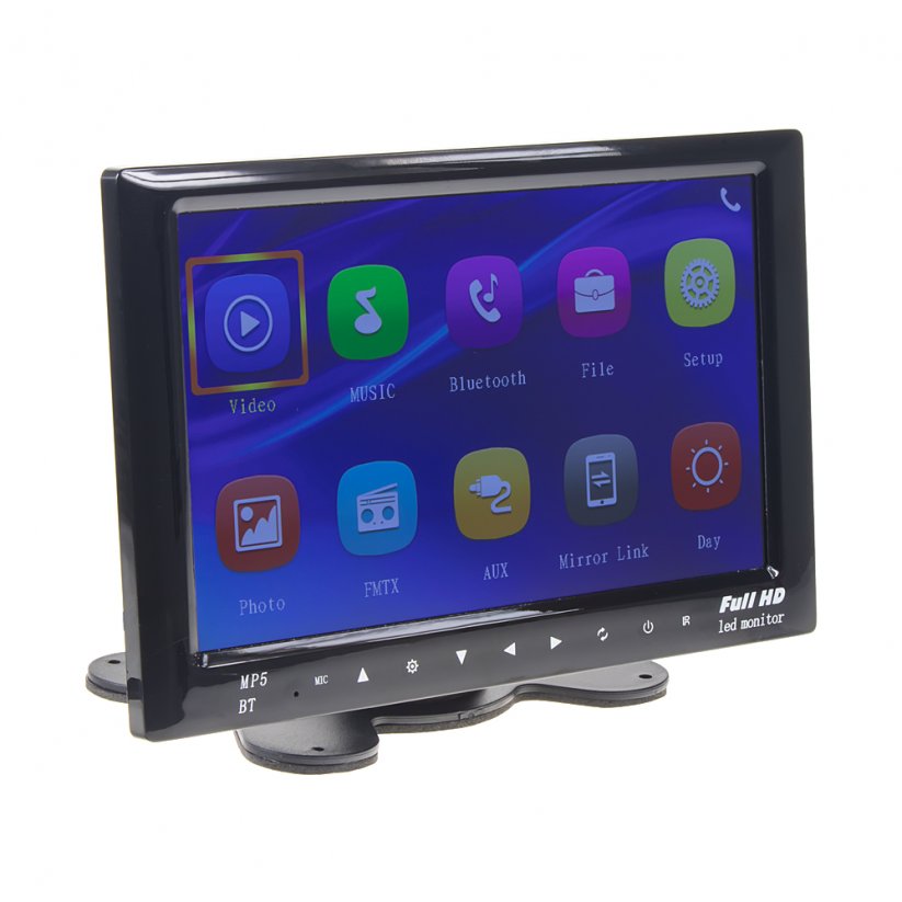 7" LCD dashboard monitor with MP3/MP4/USB/Bluetooth/FM modulator.