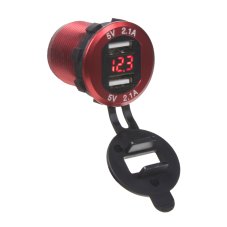 2x USB charger with voltmeter, aluminum panel mount, red