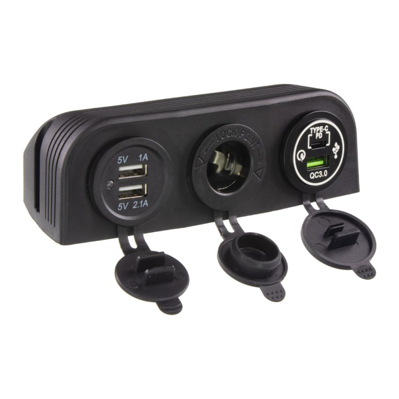 Triple socket with CL panel, 3x USB-A + 1x USB-C charger