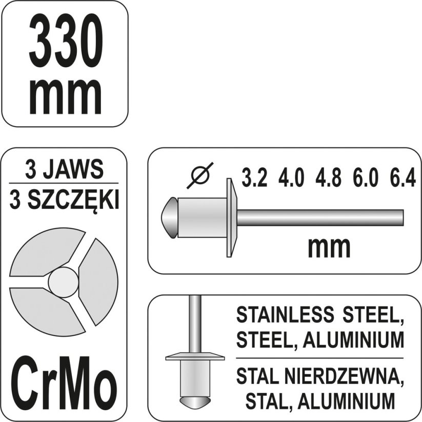 Nýtovací kleště pákové 3,2-6,4mm 330mm CrMo