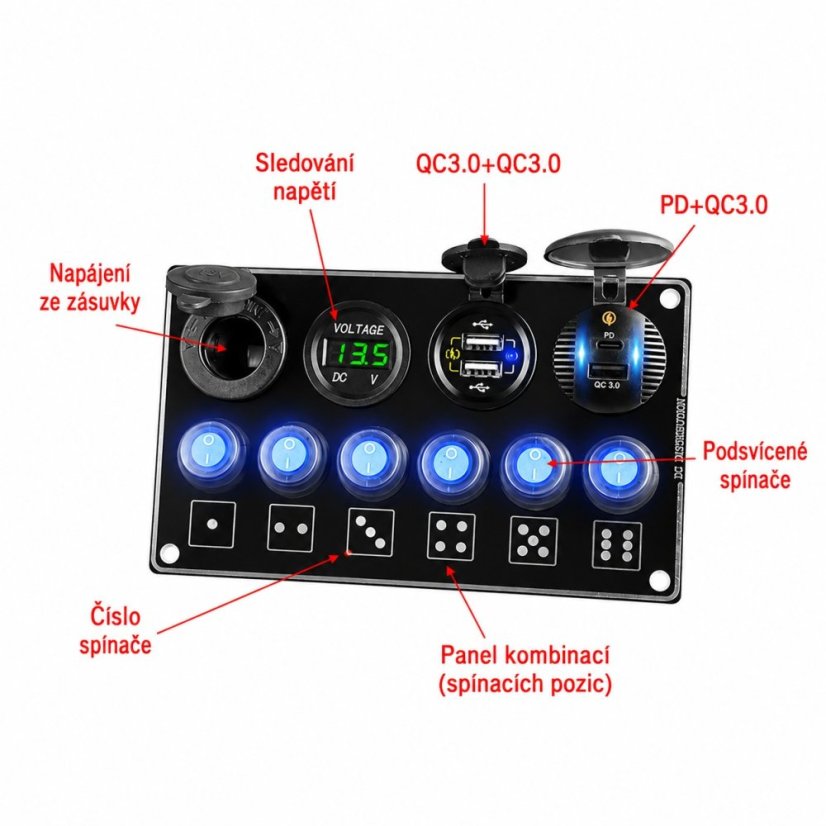 Panel s 6x spínači + 4x USB PD/voltmetr/CL zásuvka, 12/24V