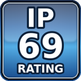 The product is dust-tight (no dust ingress) and resistant to high-pressure, often hot, water jets (typically pressure washing).