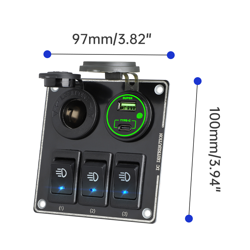 Panel s 3x spínači + USB-C/USB-A + CL zásuvka, 12/24V