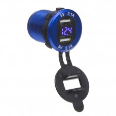 2x USB nabíjačka s voltmetrom, hliníkový panel, modrá farba