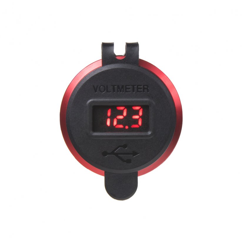 2x USB charger with voltmeter, aluminium panel, red