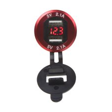 2x USB charger with voltmeter, aluminum panel mount, red