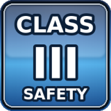 The product is Protection Class III (powered by SELV, no protective earth required; reduces electric-shock risk).