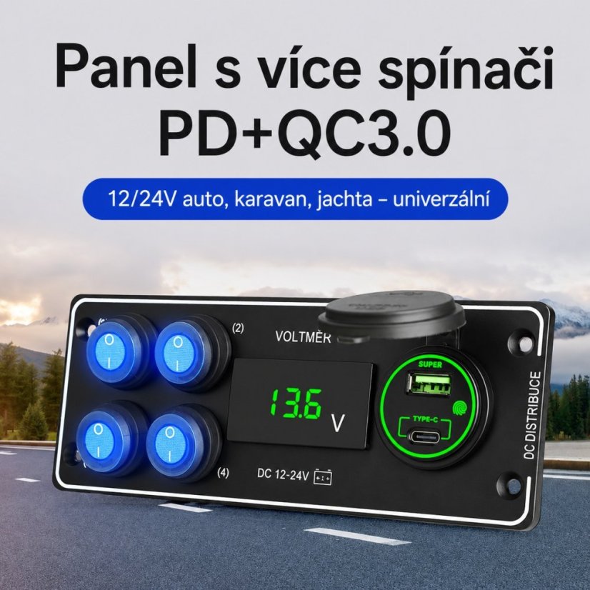 Panel s 4x spínači + USB-C/USB-A + voltmetr, 12/24V