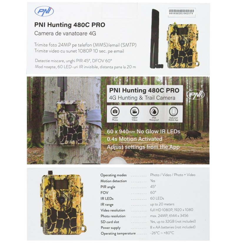 PNI Hunting 480C PRO Game Camera, 24MP, with 4G Internet, GPS, 60° field of view