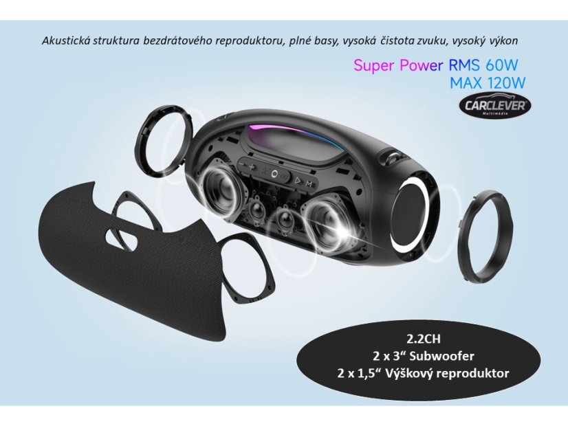 CARCLEVER bezdrátový Bluetooth reproduktor 120 W, IPX6, USB, AUX, MIC, RGB
