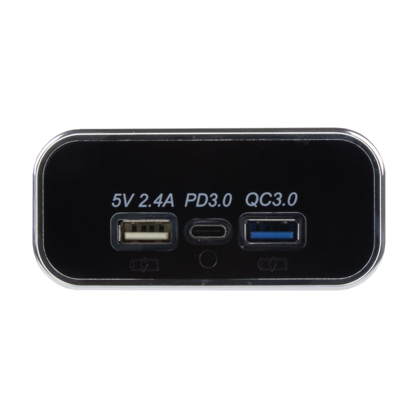 USB 2.4A + QC3.0 + USB-C PD zásuvka 12/24V, chromový rámeček