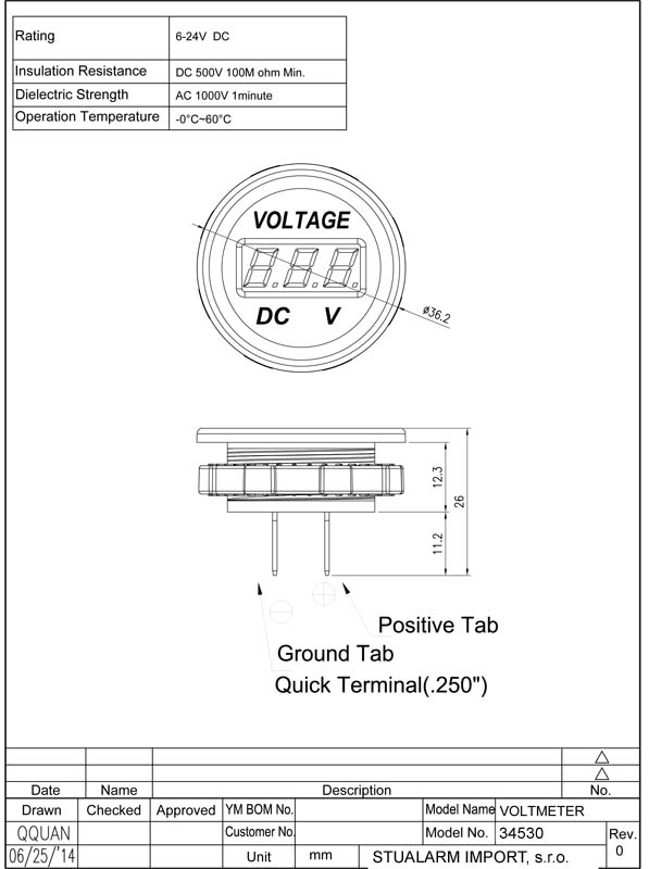 Technical drawing of a red LED digital voltmeter