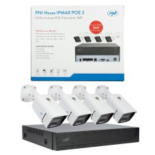 PNI House IPMAX POE 3 video surveillance kit, NVR with 4 POE ports, ONVIF and 4 cameras with 3MP IP, outdoor, Power over Ethernet, chip detection, motion detection, 4 cables, power supply, mouse