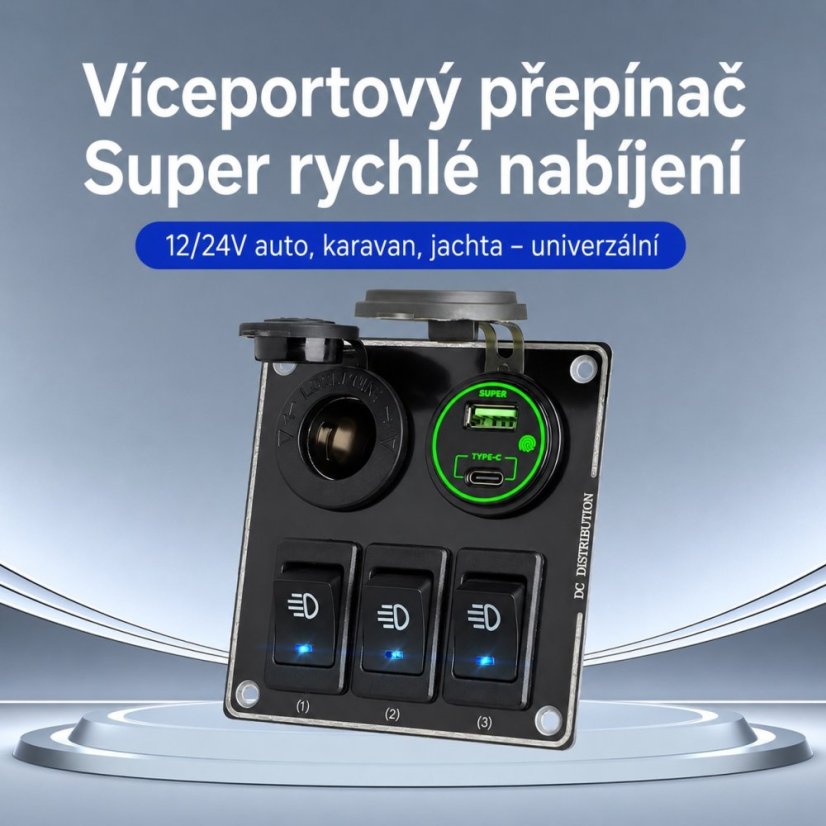 Panel s 3x spínači + USB-C/USB-A + CL zásuvka, 12/24V