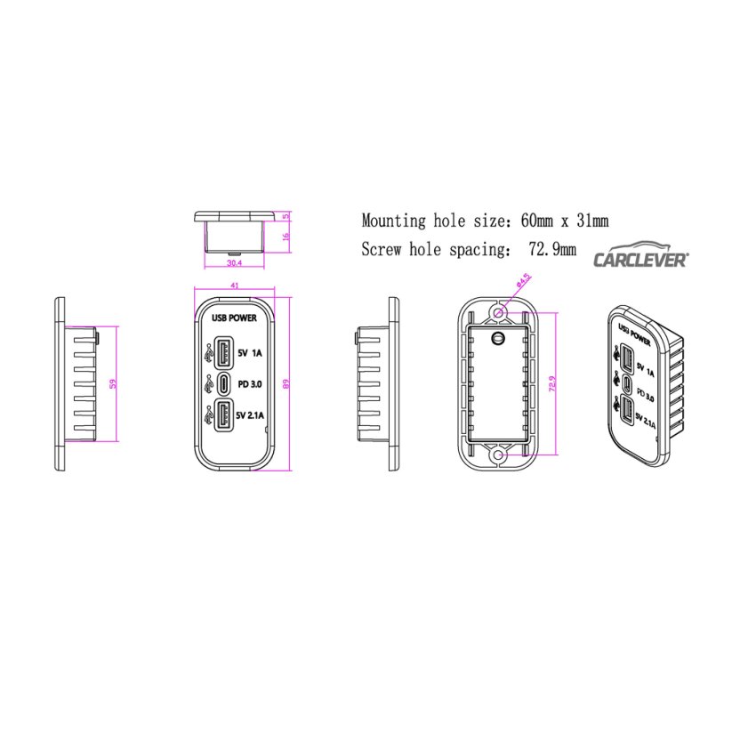 USB 2.4A + QC3.0 + USB-C PD zásuvka 12/24V, chromový rámeček