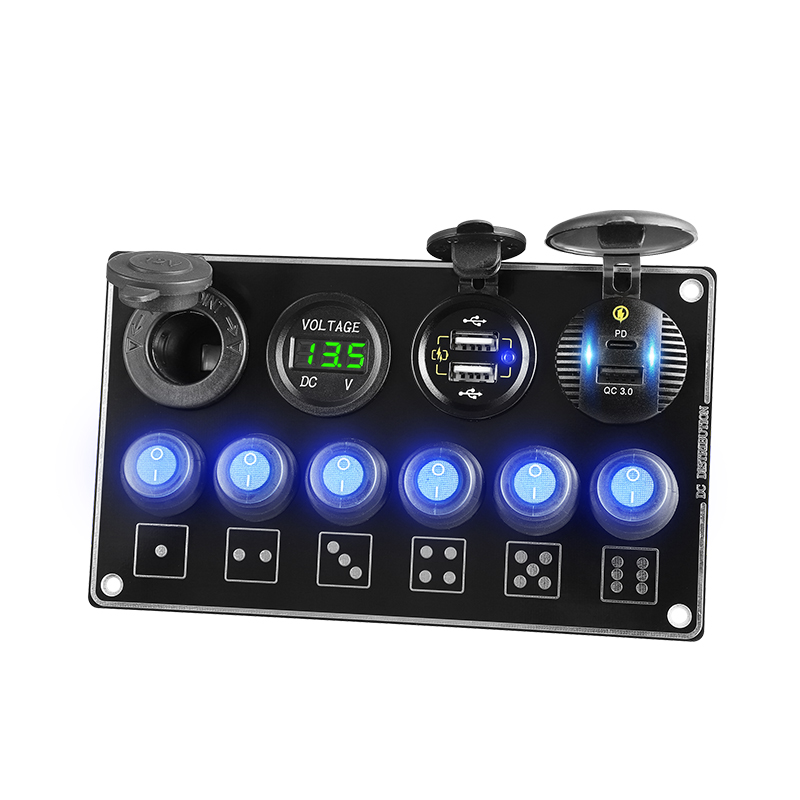 Panel s 6x spínači + 4x USB PD/voltmetr/CL zásuvka, 12/24V