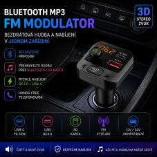 Bluetooth/MP3/FM modulátor bezdrôtový s SD portom do CL s 3D stereo, USB-C / USB QC3.0