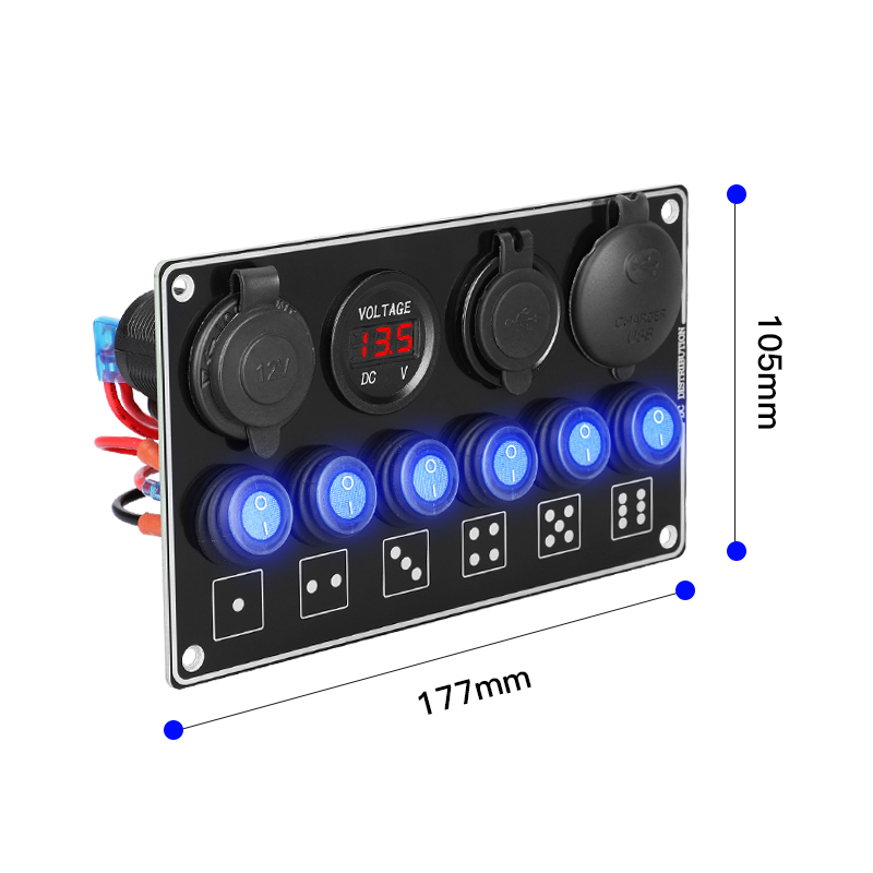 Panel s 6x spínači + 4x USB PD/voltmetr/CL zásuvka, 12/24V