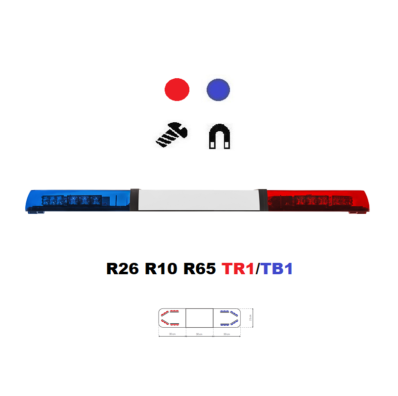 LED lightbar Optima 60 90cm blue / red, white center, ECE R65 - Color: Blue/red, Lens: Colored, LED modules: 8ml