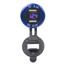 2x USB charger with voltmeter, aluminium panel mount, blue