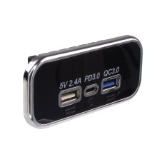 USB 2.4A + QC3.0 + zásuvka USB-C PD 12/24V, chrómový rám