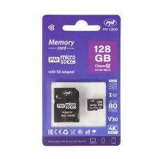 MicroSD PNI 128GB memory card with SD adapter, Class 10, 80 Mb/s, V30