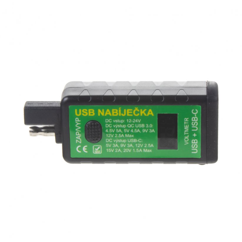 QC USB 3.0 + USB-C nabíječka s voltmetrem a vypínačem, voděodolná na řidítka