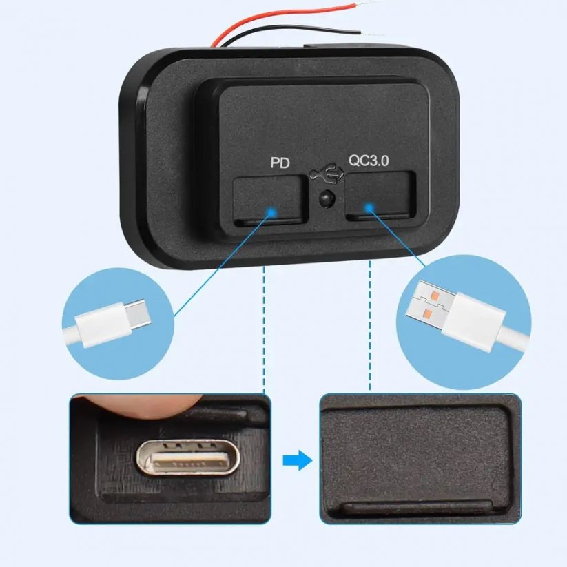 USB QC3.0 + zásuvka USB-C PD 12/24V, povrchová montáž