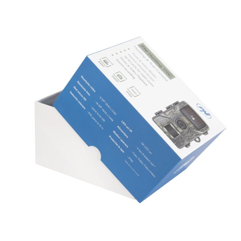 Lovecká kamera PNI Hunting 170C, foto 16 MP, video 4K, PIR 15 m, farebný displej, IP66, slot na micro SD kartu, zorné pole 120°, 38 LED diód