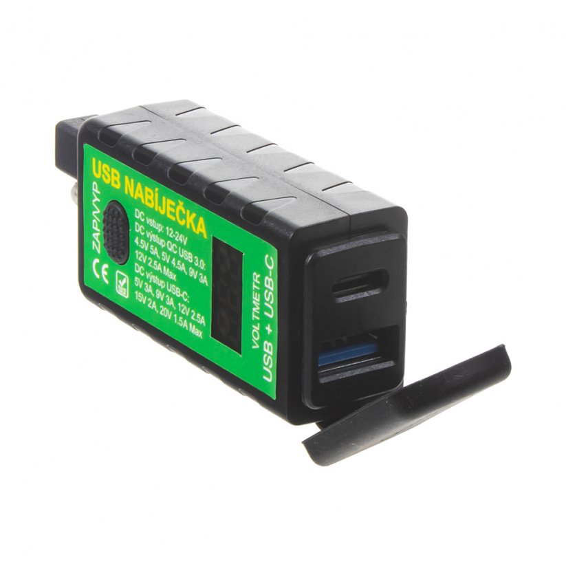 QC USB 3.0 + USB-C nabíječka s voltmetrem a vypínačem, voděodolná na řidítka