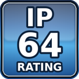 Produkt je prachotěsný (žádný vnik prachu) a odolný vůči stříkající vodě ze všech směrů (typicky déšť).