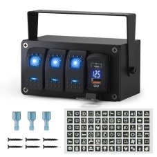 Panel s 3x kolískovými prepínačmi, voltmetrom + USB/USB-C zásuvkou, 12/24 V