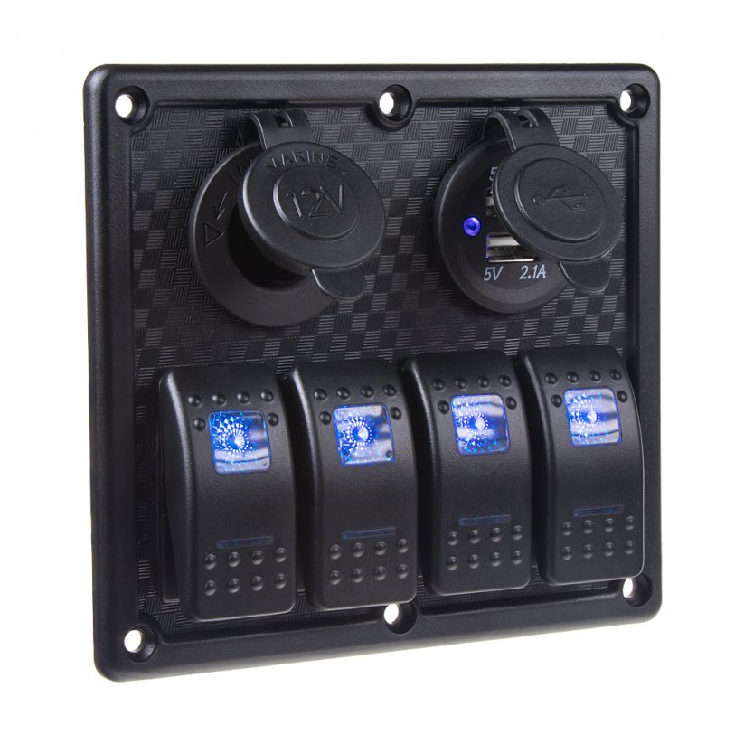 Panel with 4x Rocker switches, CL + USB socket, 12/24V
