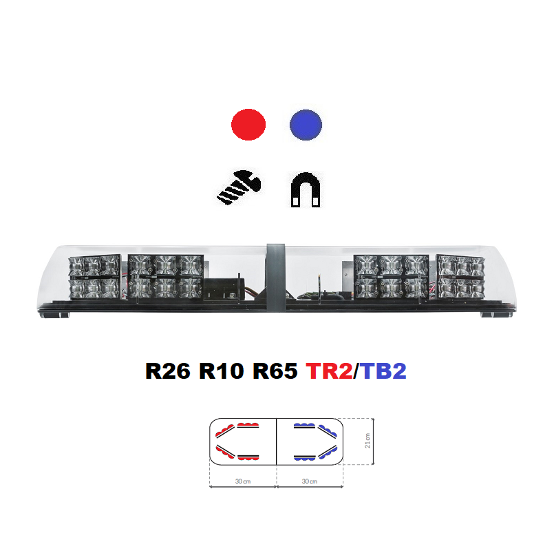 LED majáková rampa Optima 90/2P 60cm, Červeno-modrá, EHK R65 - Barva: Modro/červená, Kryt: Čirý