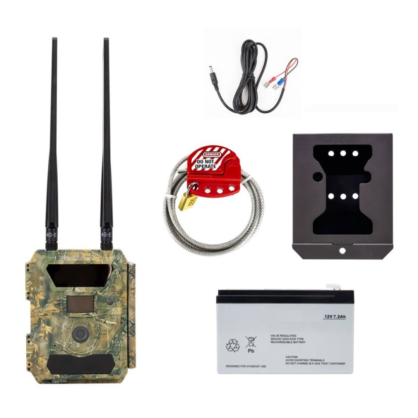 PNI Hunting 400C Game Camera Kit: protective case, security cable, 7.2 Ah battery, and power cable