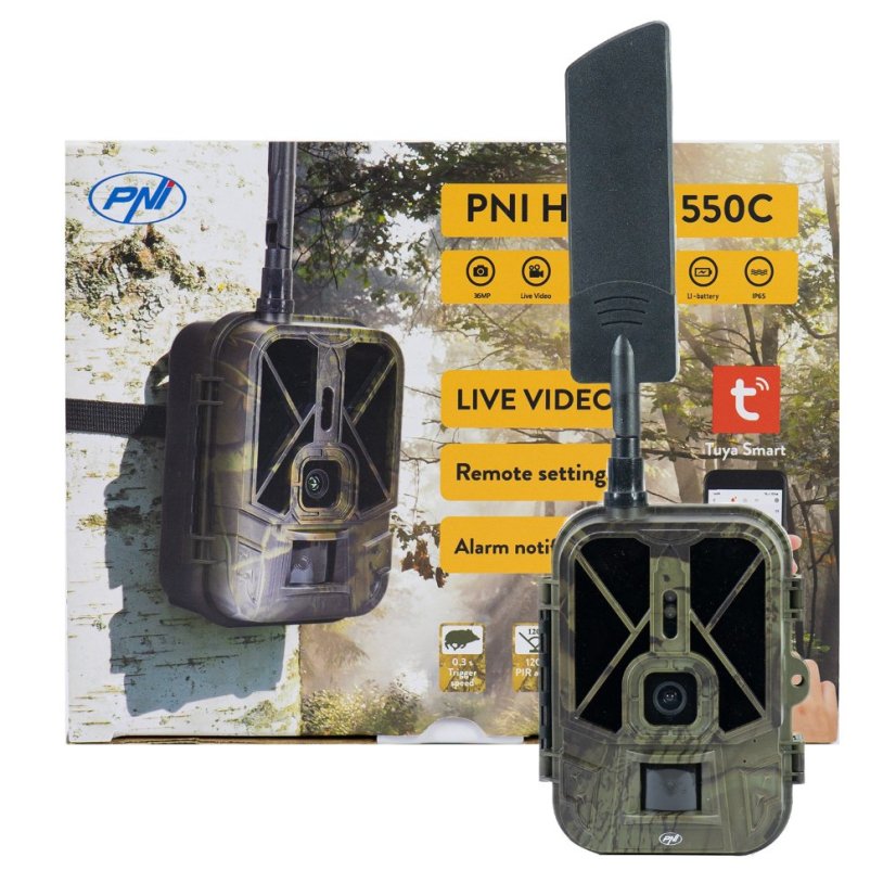 PNI Hunting 550C Game Camera with 4G LTE Internet Connectivity, including an 8000 mAh rechargeable battery