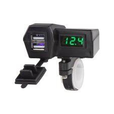 2x USB charger with voltmeter for motorcycle, green display