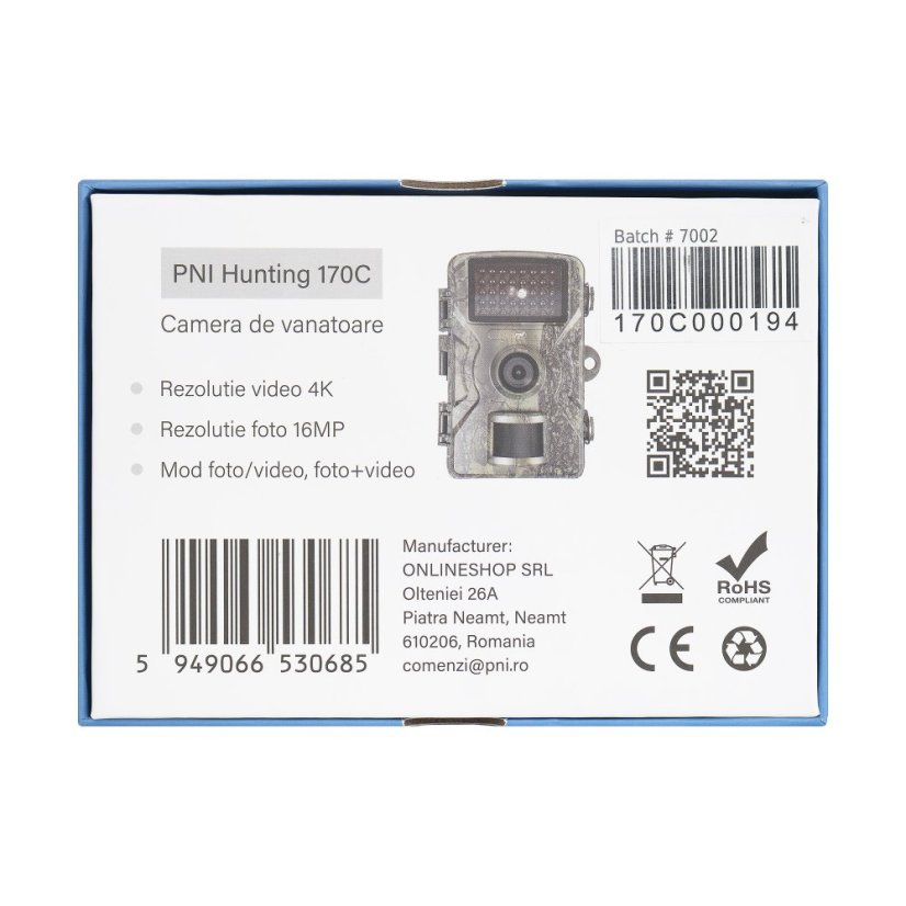 Lovecká kamera PNI Hunting 170C, foto 16 MP, video 4K, PIR 15 m, farebný displej, IP66, slot na micro SD kartu, zorné pole 120°, 38 LED diód