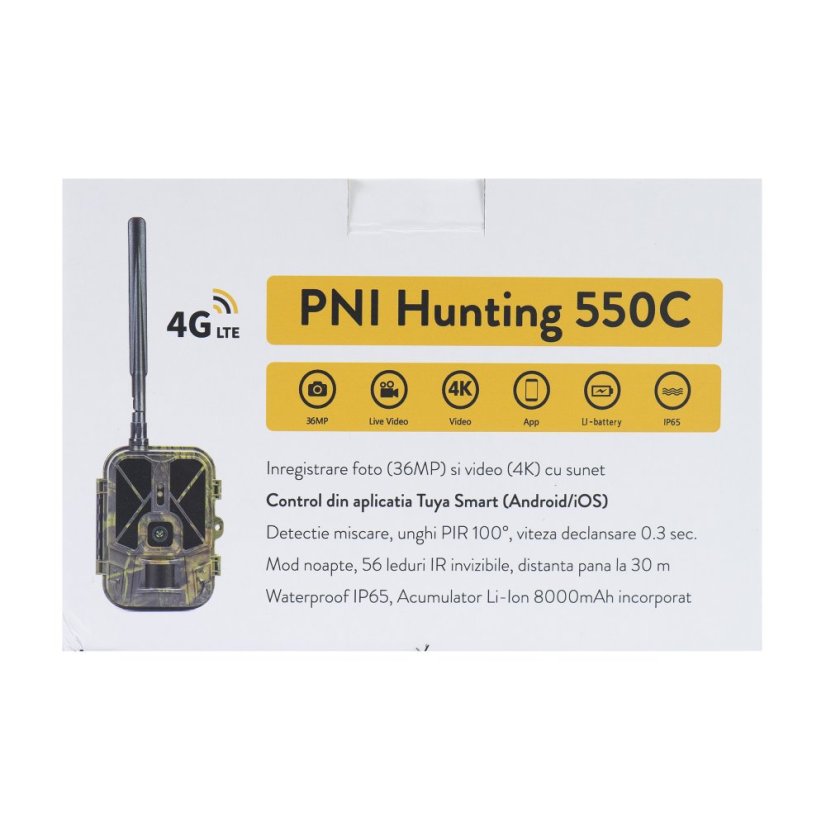 PNI Hunting 550C Game Camera with 4G LTE Internet Connectivity, including an 8000 mAh rechargeable battery