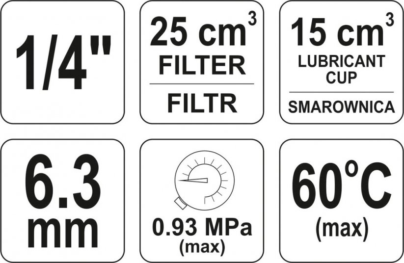 Regulátor tlaku vzduchu 1/4", max. 0,93MPa, s filtrom (25ccm) a mazaním (15ccm)