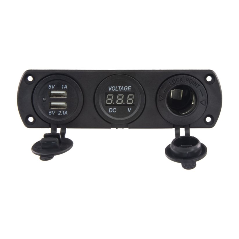 Trojitá zásuvka pre panel CL, voltmeter, 2x USB nabíjačka